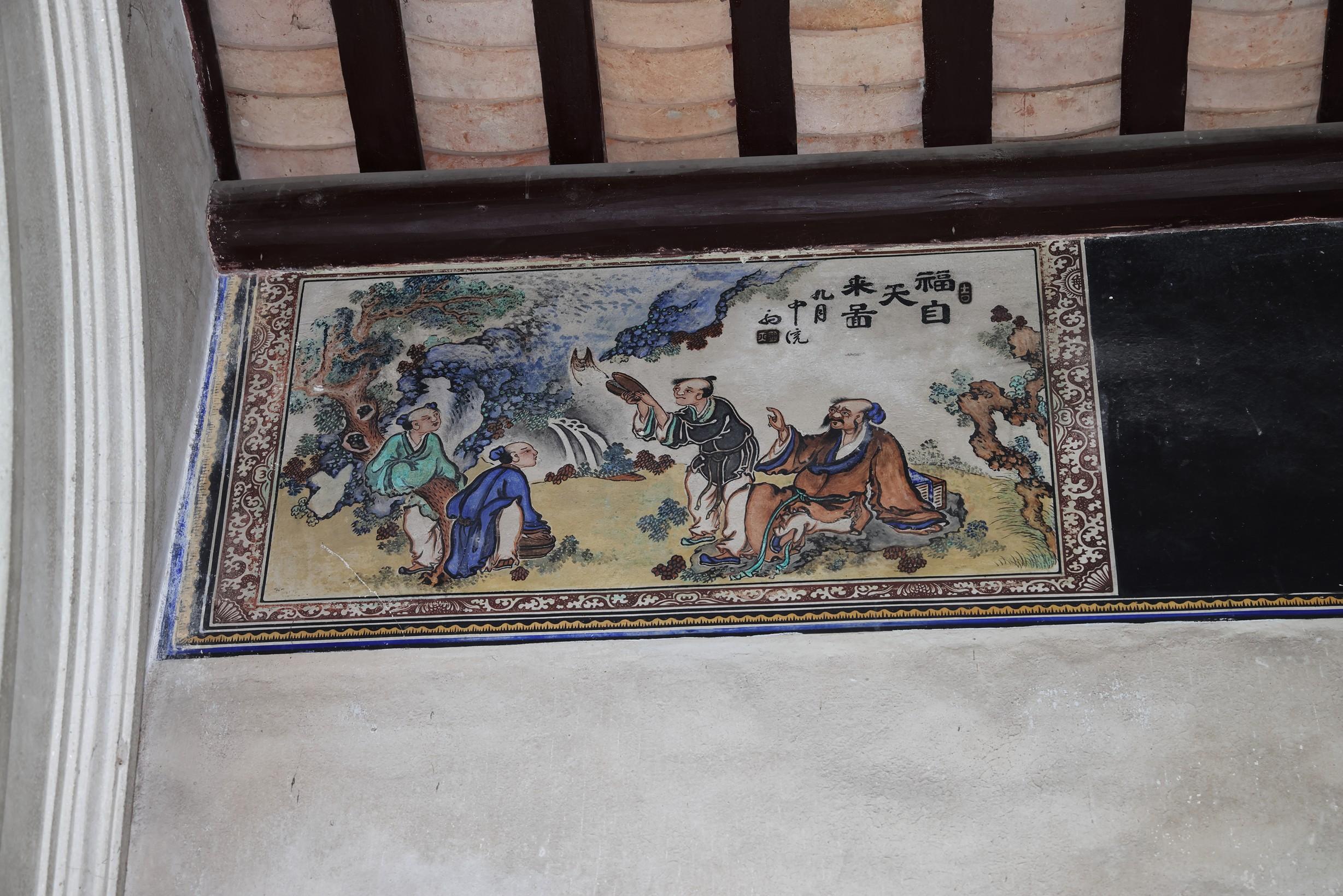 The Government gazetted today (October 10) the declaration of the Residence of Tang Pak Kau in Kam Tin, Yuen Long, as a monument under the Antiquities and Monuments Ordinance. Photo shows a colour mural on the wall frieze of the residence.