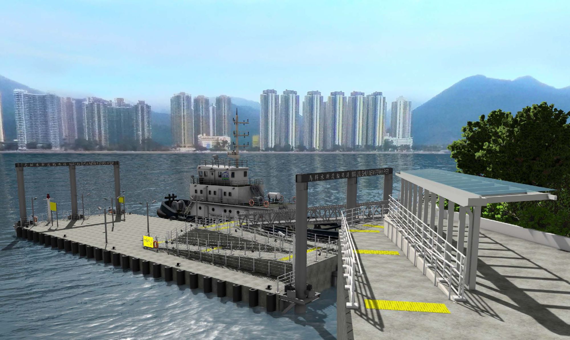 The improvement works at the new Ma Liu Shui Ferry Pier is scheduled for completion in 2025.  Floating platforms will be added near the existing pier to provide two additional berths and other facilities for diverting passengers. Pictured are the existing pier and the artist’s impression of the new pier.