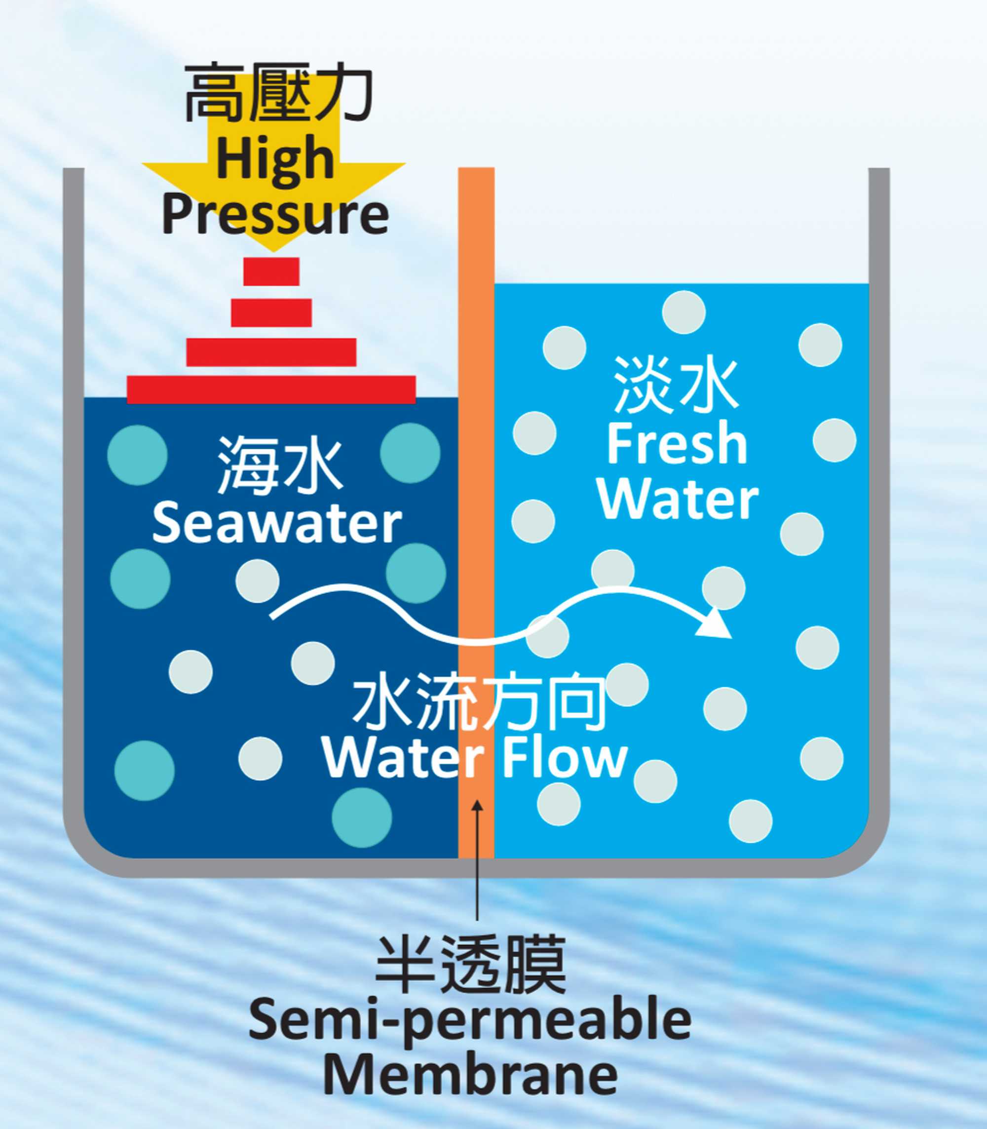 逆渗透的原理是透过向含盐分的海水加压，使水份通过半透膜流向淡水方向，半透膜会阻挡盐分、杂质和微生物等，以净化海水。